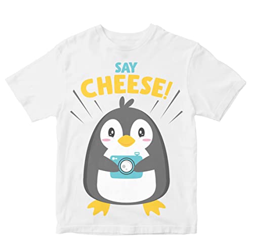 Image of Kids T-Shirt Say Cheese Penguin with Camera 100% Cotton Boy's Girl's Regular Fit Unisex T-Shirt