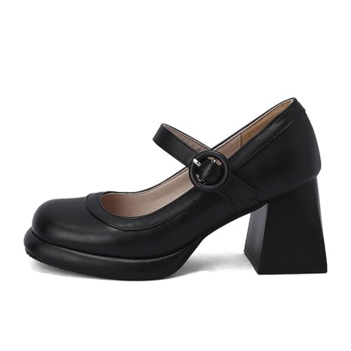 Women's Square Toe Chunky Heel Mary Jane Shoes with Adjustable Ankle Strap,Retro Leather Platform Block High Heels Pumps Shoes for Office Party Casual Wedding
