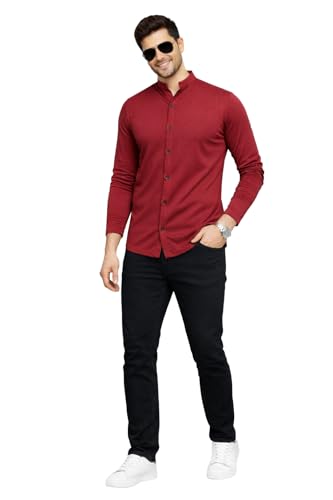 Image of Blisstone Men's Band Collar Shirt - Full Sleeve Slim Fit Casual Cotton Blend Mandarin Collar Button Down Shirt