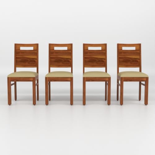 Image of Solid Sheesham Wood Dining Chair Set of 4 | Premium Wooden Dining Chairs with Cushioned Seat | Modern Horizontal Slatted Backrest | Heavy Duty Dining Table Chairs
