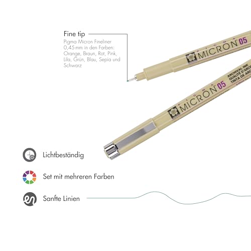 SAKURA Pigma Micron 05 Fineliner-Set mit 9 Farben | wasserfeste Tinte, Größe 05 (0,45 mm) | Stifte zum Schreiben, Zeichnen und Tagebuch führen