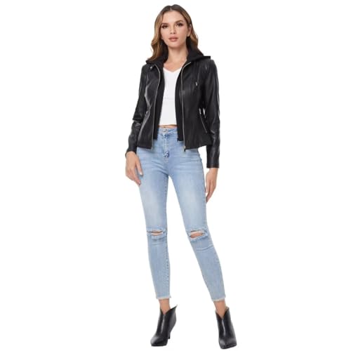 DIASHINY Faux Leather Jacket For Women Removable Hooded Moto Biker Outwear Coat4