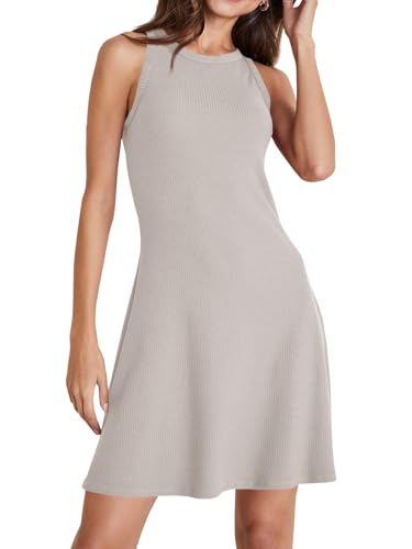 Image of Wenrine Womens Summer Casual Tank Dress Ribbed Knit Sleeveless Crewneck A Line Mini Dresses