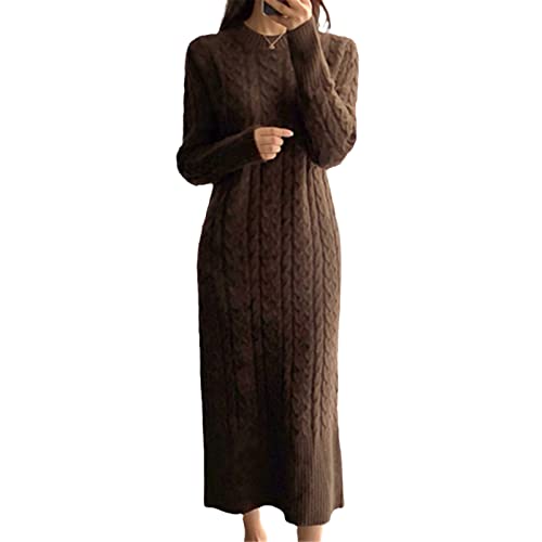 Otoño Invierno O-cuello torcido Split vestido de punto largo de las mujeres Casual suelto grueso vestido de suéter de punto, Coffee, Medium Cover