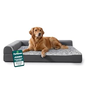 Furhaven Orthopedic Dog Bed for Large Dogs w/ Removable Bolsters & Washable Cover, For Dogs Up to 95 lbs – Two-Tone Plush Faux Fur & Suede L Shaped Chaise – Stone Gray, Jumbo/XL