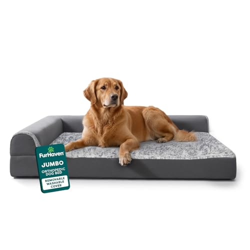Furhaven Orthopedic Dog Bed for Large Dogs w/ Removable Bolsters & Washable Cover, For Dogs Up to 95 lbs - Two-Tone Plush Faux Fur & Suede L Shaped Chaise - Stone Gray, Jumbo/XL