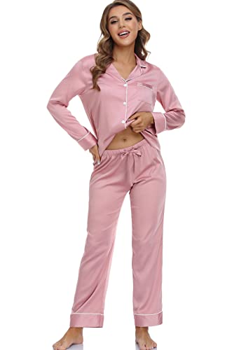 Image of Serenedelicacy Women's Satin Pajama Set Long Sleeve Button Down Sleepwear 2-Piece Silky Pj Set