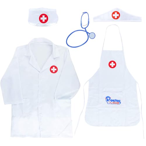 FUIPVGI Costume de médecin 5 pièces pour enfants – Tenue de médecin pour filles et garçons, manteau d'infirmière avec capuchon et stéthoscope en plastique pour...