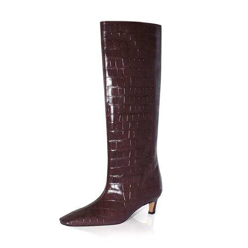 iadore Women's Western Knight Boots, Vegan Leather Crocodile Printed Square Toe Kitten Heel Wide Straight Shaft Knee High Boots 2 Inch
