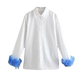 Blusa Blanca Camisa De Mujer De Moda De Manga Larga con Blusas De Fiesta De Plumas Extraíbles Camisas con Botones De Solapa ior De Talla Grande