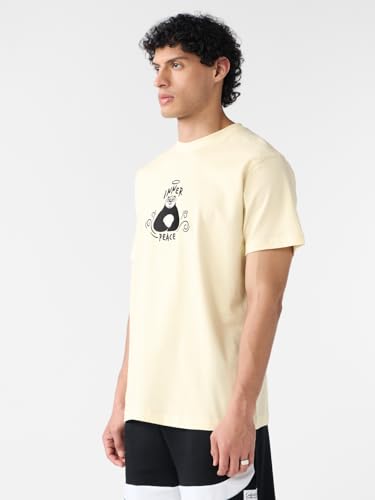 Image of The Souled Store Textured T-Shirt: Kung Fu Panda Peace Men and Boys Short Sleeves Round Neck Off White Embroidered Regular Fit Cotton T-Shirts