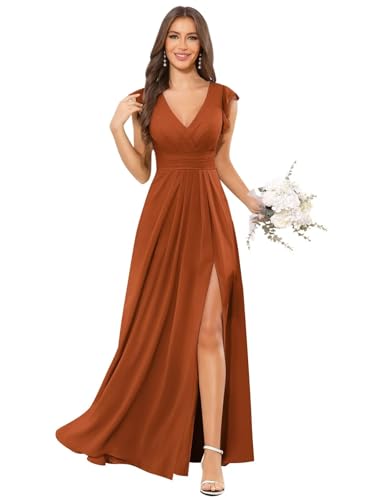 V Neck Chiffon Bridesmaid Dresses for Women Flutter Sleeve Evening Formal Dress with Slit