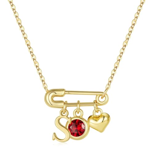 MONOOC Birthstone Initial Necklaces for Women - Dainty Letter S Heart Initial Necklaces January Birthstone Garnet Red Color Necklace Jewelry Personalized Birthday Gifts for Women Mom Friend Wife