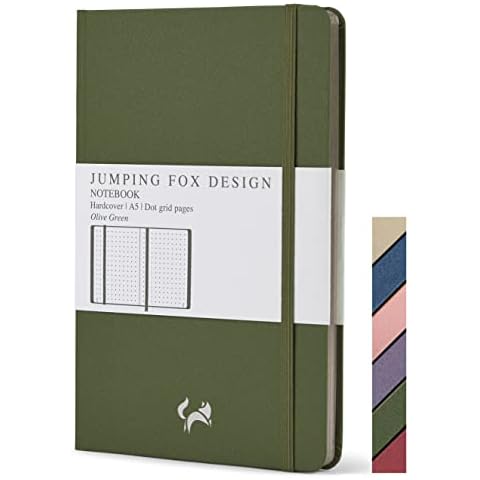 Jumping Fox Design Premium A5 Dot Journal Notebook Hardcover, Medium 5.6 x 8.4 inches, 120gsm Thick Paper, Numbered Pages, Inner Pocket, Unique Leatherette, Olive Green Cover