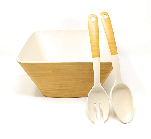 Kucly Ensaladera con Cubiertos para Servir Ensalada 100% Eco-Friendly/Bambú/Ø 25 cm x 11,5 cm (Madera Claro)