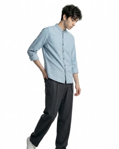 Image of Amazon Brand - INKAST Men Washed Cotton Twill Denim Casual Button Down Shirt | Mandarin Collar | Full Sleeves | Regular Fit | Stylish Summer - Everyday Wear