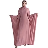 Muslim Abaya Dress Women Middle East Arabian Prayer Robe Batwing Maxi Kaftan Abaya Dress with Hijab Pink