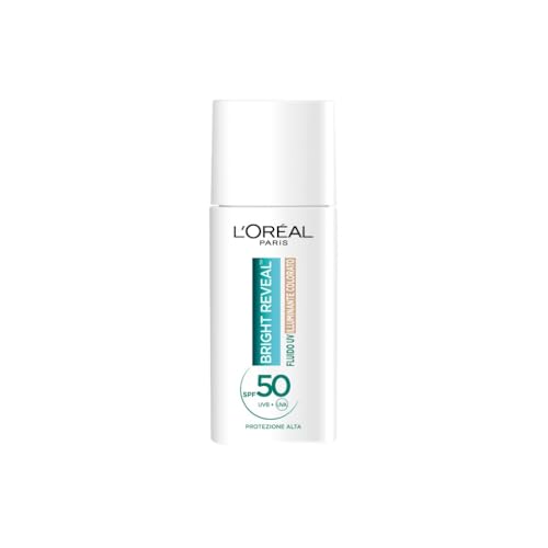 L'Oréal Paris Fluido UV Anti-Macchie, Per Tutti i Tipi di Pelle, Incarnato Luminoso, Macchie Scure e imperfezioni Meno Visibili, Con Niacinamide e SPF50, Bright Reveal, Tonalità: Light, 50 ml