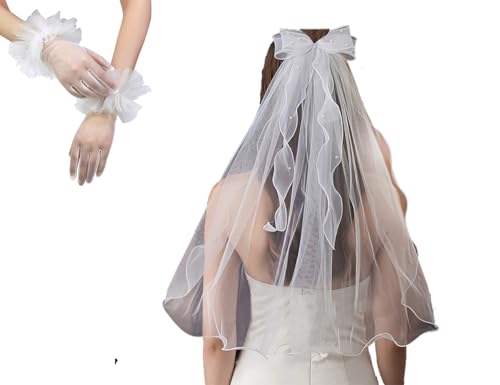 Bow Pearl Bride Veil Pearl +Lotus leaf gloves Set Wedding Bridal Veil/Bride/Bachelorette Party Veil for Women and Brides Hairpin