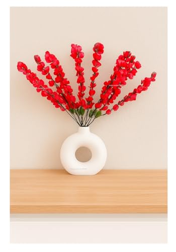 Image of SPHINX Ceramic Vase with Artificial Flowers| Flower Vase for Home Decor,Living Room,Dining Table & Office| Boho Minimalist for Decoration, (Donut with 2 Cherry Bunches) Flower Colour as per Stock