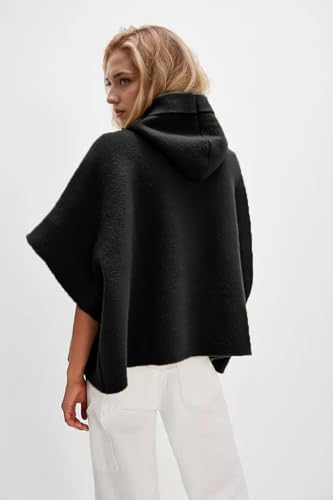 Image of Women Casual Poncho Sweater Wrap Hooded Batwing Sleeves Button Down Lightweight Cape Shawl Shirt Top