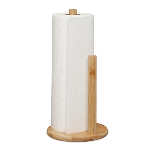 Relaxdays keukenrolhouder staand, bamboe, keukenpapierhouder met stop, HxØ: 28 x 14,5 cm, keukenrol standaard, natuur