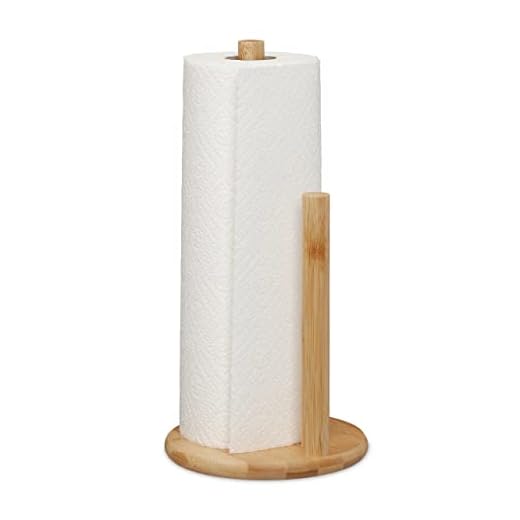 Relaxdays keukenrolhouder staand, bamboe, keukenpapierhouder met stop, HxØ: 28 x 14,5 cm, keukenrol standaard, natuur