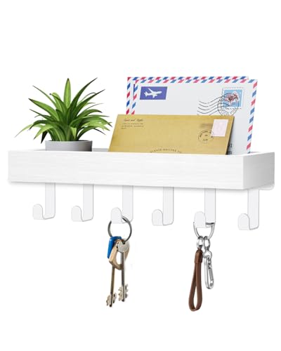 Image of Key Holder Wall Mount Magnetic Adhesive, Key Hooks Rack with Shelf | Key Hanger with Mail Organizer for RV Camper Fridge Living Room Decor, Home Essentials, White