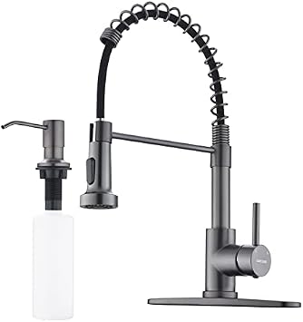 Black Stainless Kitchen Faucet, Faucet for Kitchen Sink with Pull Down Sprayer Gray Matte Gun Black WEWE Kitchen Faucet with Deck Plate Stainless Steel Farmhouse Commercial with Soap Dispenser