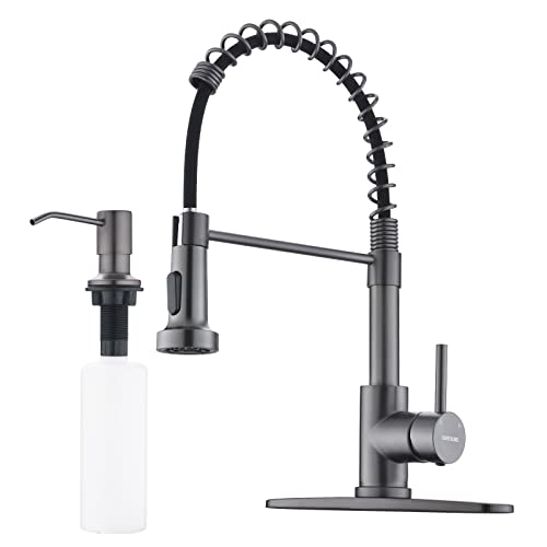 Black Stainless Kitchen Faucet, Faucet For Kitchen Sink With Pull Down Sprayer Gray Matte Gun Black Wewe Kitchen Faucet With Deck Plate Stainless Steel Farmhouse Commercial With Soap Dispenser #TOP19