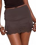 Women's Lace Trim Satin Mini Skirt Low Waisted Zip Back Half Silk Slip Bodycon Short Skirts with Lining Chocolate Brown