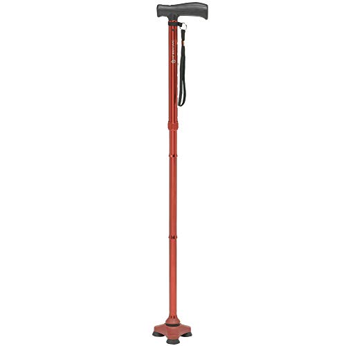 HurryCane Freedom Edition Foldable Walking Cane with T Handle - Enhanced Mobility Support - Patented SteadiGrip Base - Adjustable Height - Lightweight Foldable Design - Red