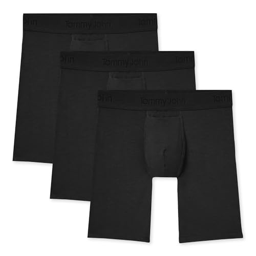 Tommy John Men&rsquo;s Boxer Briefs 8&rdquo; Underwear, Second Skin Boxers with Supportive Contour Pouch Silky Soft Tagless, Moisture Wicking Underwear Stretch Fabric, 3 Pack, Black, Small
