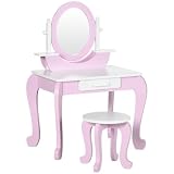 ZONEKIZ Tocador para Niñas con Taburete y Espejo 65,5x46x93 cm Rosa