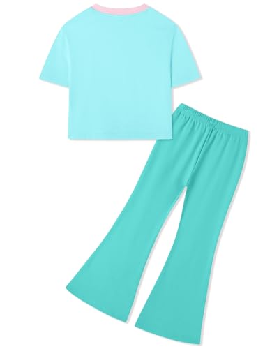 Image of Girls 2 Piece Outfit Colorblock Short Sleeve Graphic Tee & Flared Pants Casual Summer Clothes Set for Age 6-14