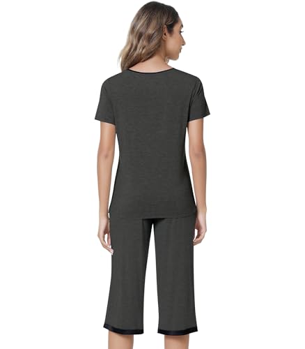 Image of NACHILA Pajamas for Women-Viscose Made from Bamboo,Satin Crew Neck Pajama Sets Short Sleeve Pjs with Capri Pants