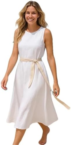 Women's Sleeveless Round Neck Midi Dress 100% Polyester Belted Fl...