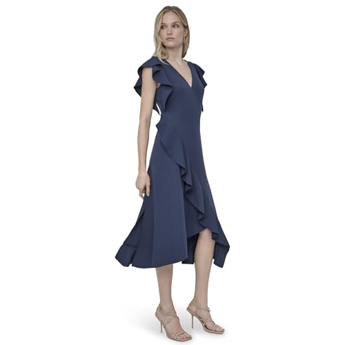 Image of DKNY Women's Ruffle Cap Sleeve Surplice Neck Fit and Flare Midi Dress