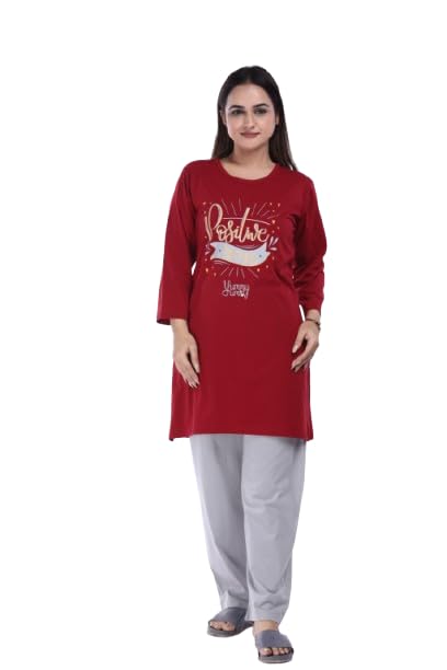 E-MAX Women’s Cotton Blend Night Suit Set | Round Neck Printed Top with Side Pocket & Pyjama | Summer Casual Sleepwear Set-picture-11