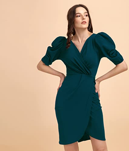 Image of Sheetal Associates Women's Puff Sleeve V-Neck Bodycon Casual Mini Dress