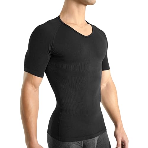 Rounderbum Mens Compression Tech T-Shirt Black Large Seamless Compression Undershirt for Posture Core Support & Slimming Invisible Under Clothing 4 Colors