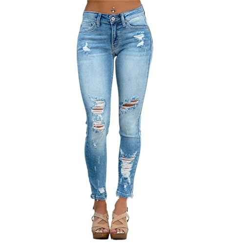 Women's Mid Rise Skinny Stretch Ripped Jeans Mid Waisted Destroyed Tight Denim Pants