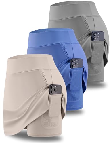 3 Pack Women's Athletic Skirts with Shorts Underneath, Tennis Golf Skorts Tummy Control Pockets for Workout Gym