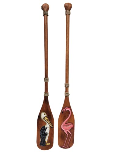 SET OF 2 NAUTICAL OAR PADDLE WITH FLAMINGO AND PELICAN WOODEN WALL ART DECOR 40