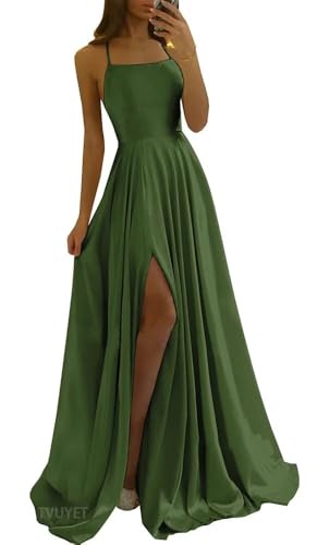 Image of Tvuyet Satin Prom Dresses Long with Pockets Spaghetti Straps A Line Bridesmaid Dresses with Side Slit Ball Gown