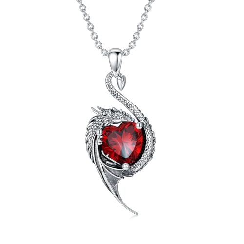 LONAGO Collar Dragón Plata de ley 925 Dragón Negro con Forma de Corazón Piedra del Zodíaco Colgante Collar para Mujer (Enero)
