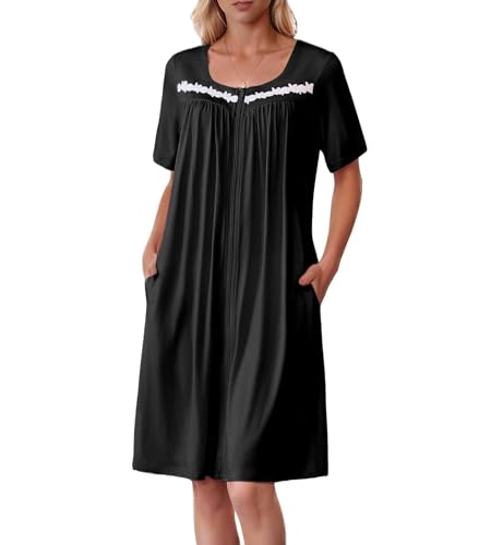 Image of Ekouaer Women Zipper Robe Short Sleeves House Coat Zipper Front Bathrobe Sleepwear with Pockets Housecoat Nightgown