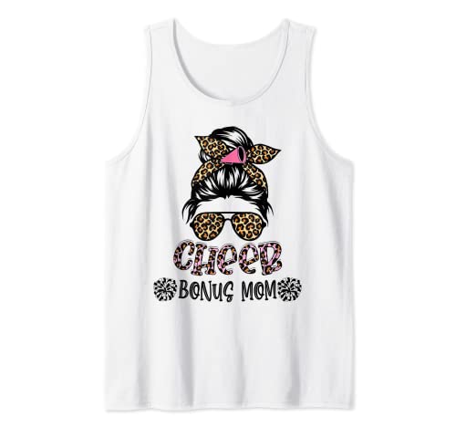 Cheer Bonus Mom Leopard Messy Bun Cheerleader Mother's Day Tank Top