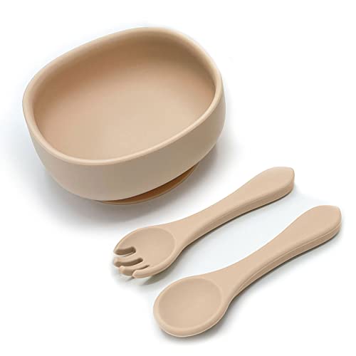 Eco Health Bol en silicone pour bébé - Ensemble de sevrage de bébé, livré avec fourchette et cuillère, pour nourrir bébé et enfant (beige, bol) Cover