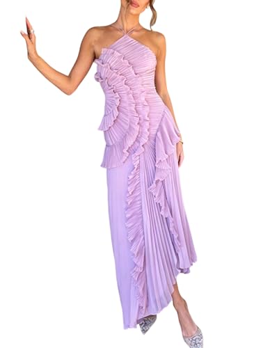 Image of Women Y2k Backless Long Dress Halter Tie Neck Maxi Dress Flowy Beach Sundress Summer Streetwear